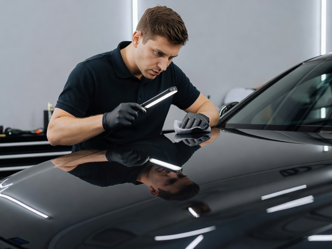 A professional detailer inspecting the mirror finish of a freshly corrected car panel