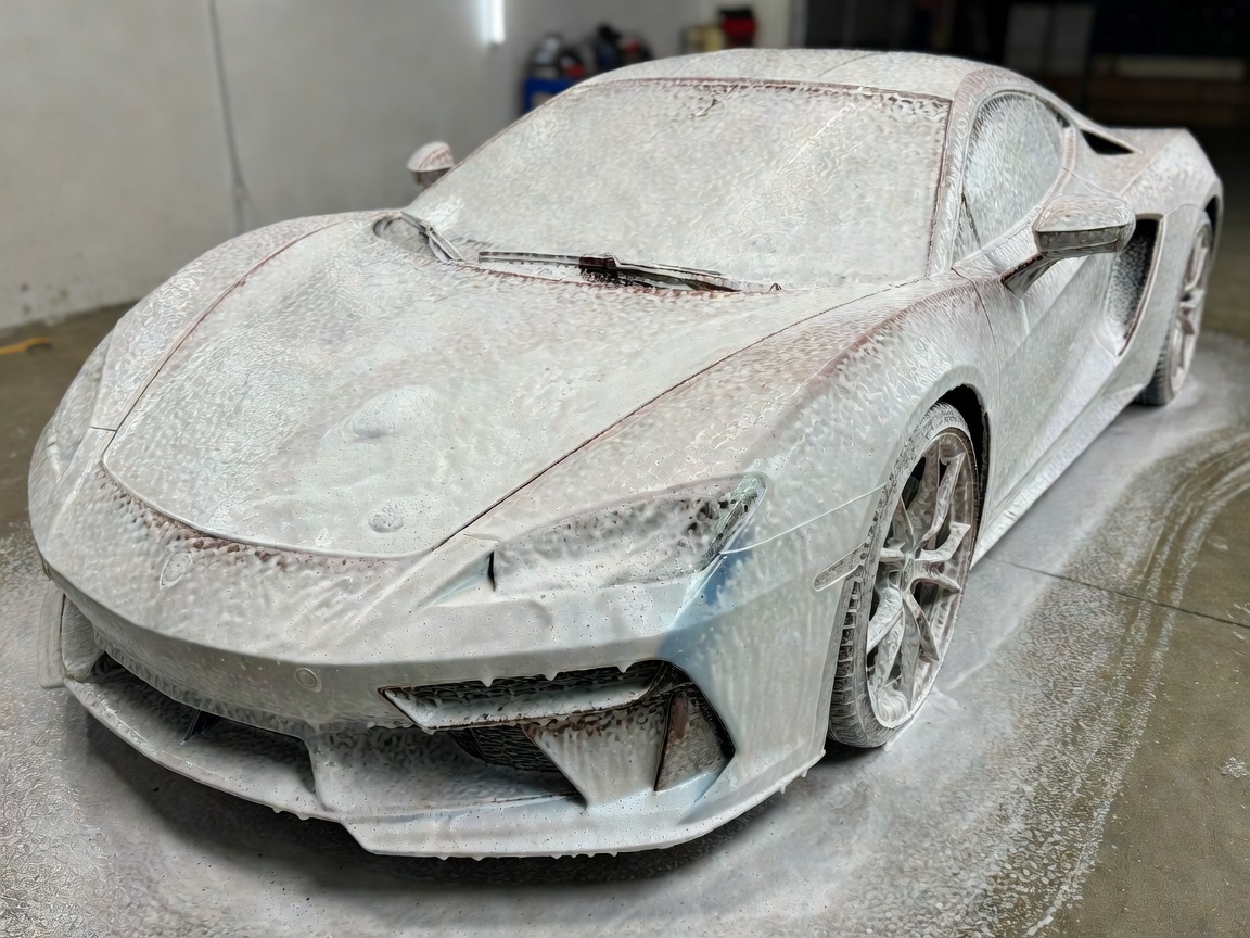 Thick layer of high alkaline snow foam dwelling on a sports car paintwork