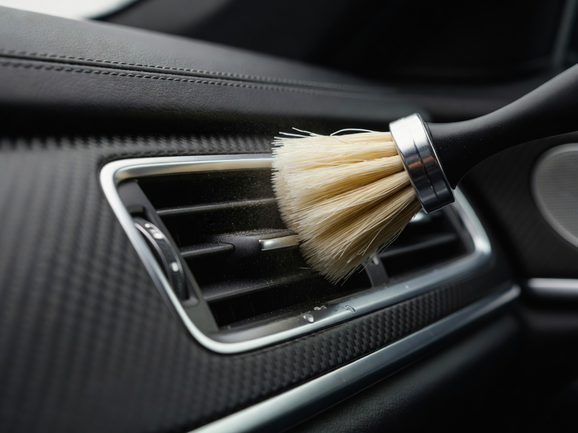 Soft detailing brush agitating cleaner inside a luxury car air vent