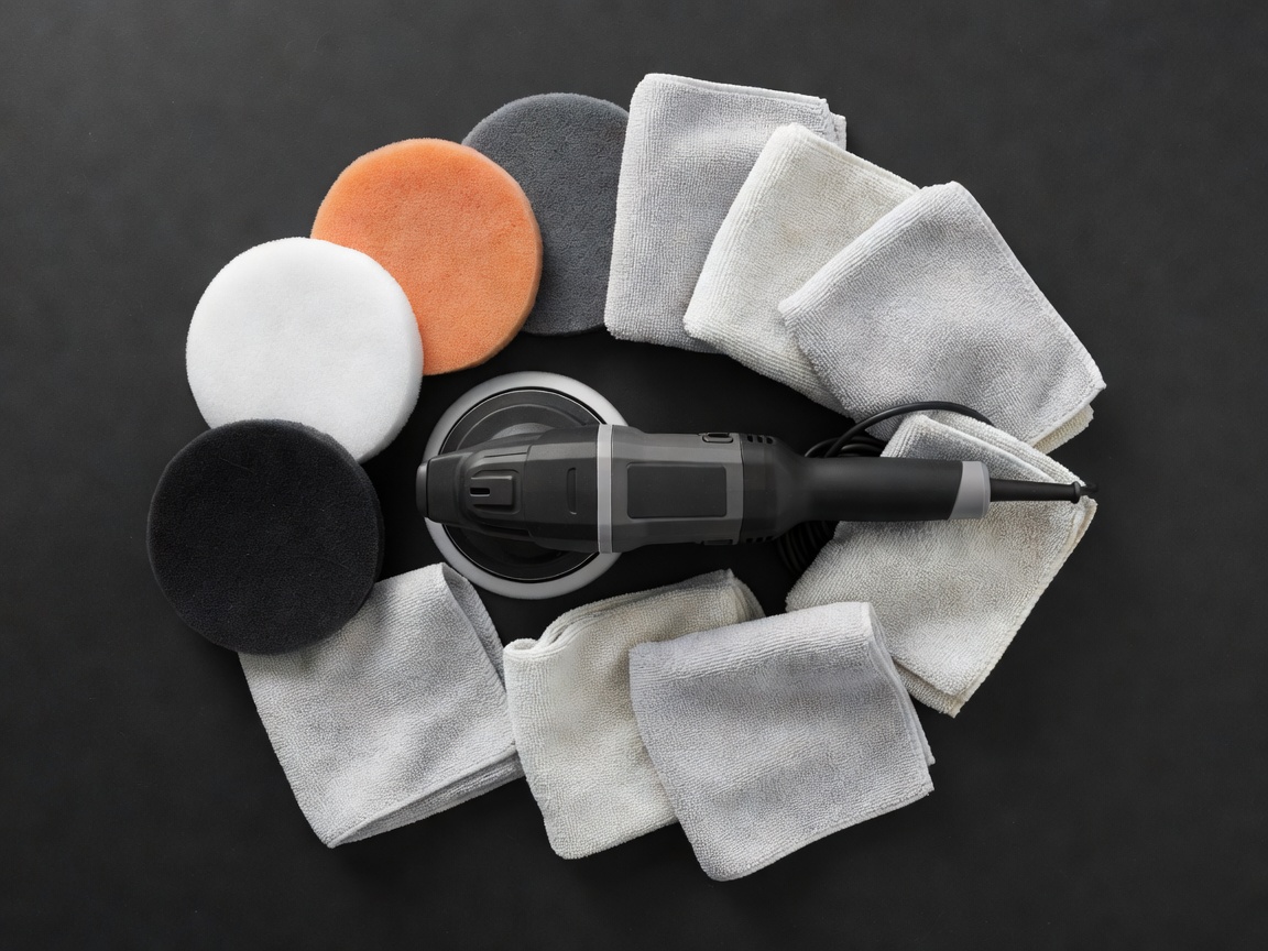 A flat lay of dual action polisher, foam pads, and edgeless microfiber towels