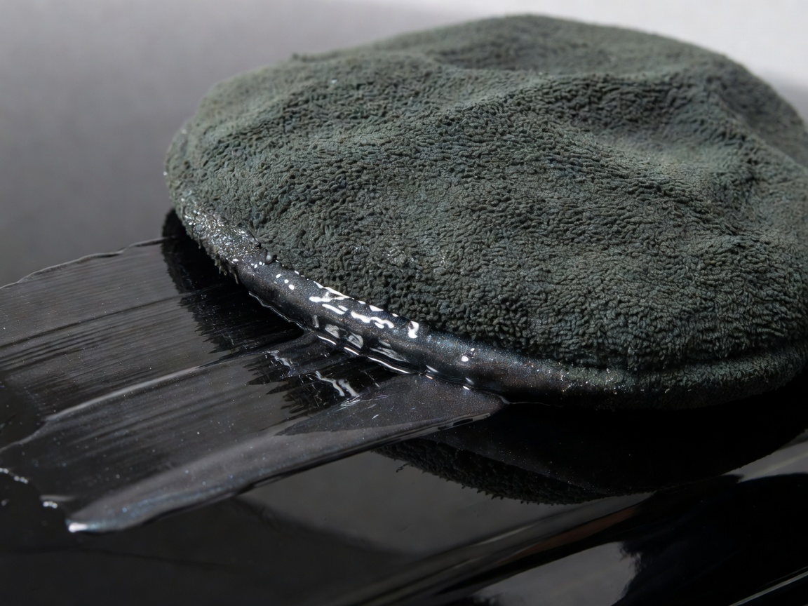 Suede microfiber applicator pad applying liquid ceramic coating to a glossy black panel